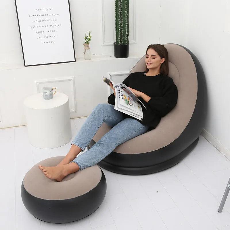 Modern Inflatable Single Sofa Lounger Chair with Ottoman and Easy Foot Pump